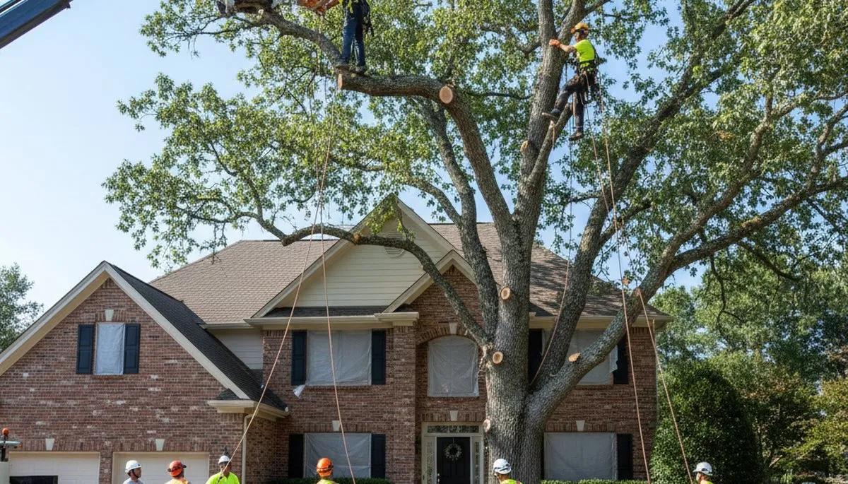 Arborists using bucket truck for large tree removal at Colbert home near Spokane, WA
