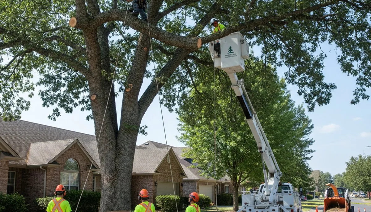 Arborists removing large tree with bucket truck in Fairchild Air Force Base near Spokane WA