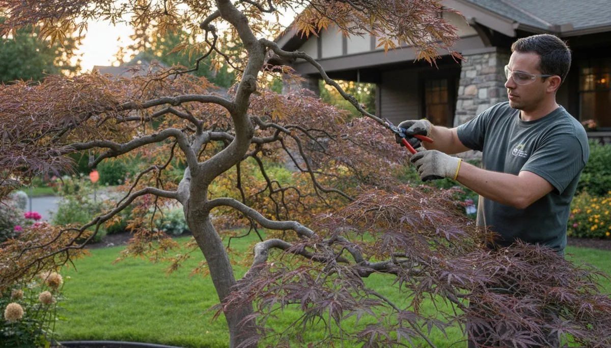 Arborist hand pruning ornamental Japanese maple for curb appeal in Spokane, WA landscape
