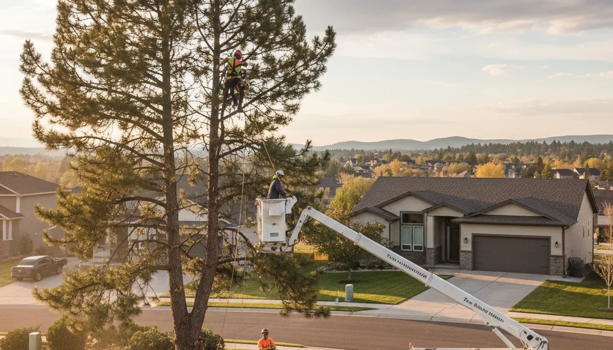 Professional tree removal service team working safely in Spokane, WA yard